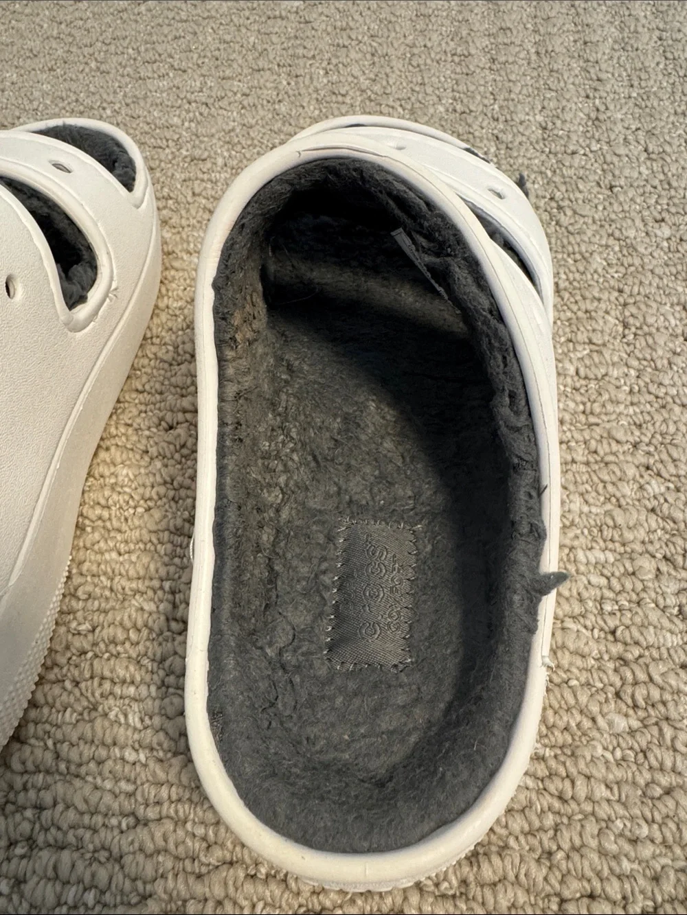 Unisex White Slide Sandals with Gray Fleece Lining
